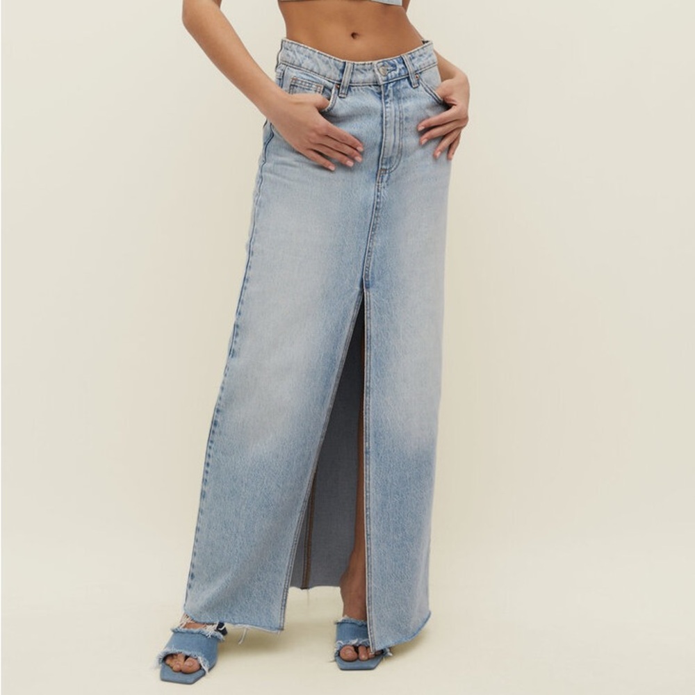 stradivarius Light Blue Denim Maxi Skirt with Front Slit